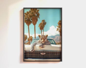 Impresión de póster de coche de leopardo vintage: arte mural de guepardo, arte mural maximalista de coche clásico de leopardo, decoración de arte costero retro, estampado de animales de la selva