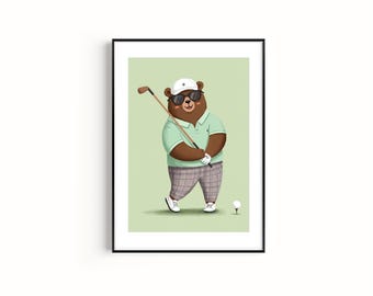 Teddy Bear Golfer Art Print, Vintage Sports Decor (Digital Download)