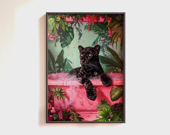 Black Leopard in Bathtub Bathroom Print: Tropical Bathub Wall Art, Maximalist Leopard Bathroom Wall Decor, Black Panther Bathroom Poster