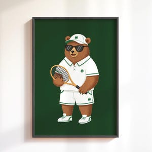 Vintage Tennis Teddy Bear Wall Art Print, Retro Sports Nursery Decor, Classic Teddy Bear Poster, Kids Room Wall Art, Grand Slam Inspired Art