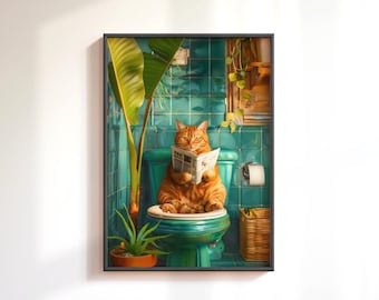 Orange Cat Toilet Print, Ginger Cat Bathroom Wall Art, Funny Bathroom Prints, Quirky Cat Toilet Poster, Dopamine Decor, Cute Cat Lover Gift