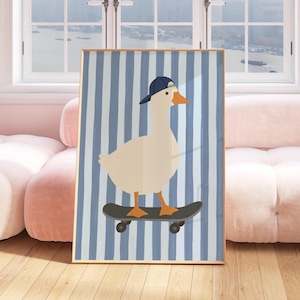 A flat illustration of a white goose wearing a navy blue cap standing on a grey skateboard against a bold blue and cream vertical striped textured background. Clean flat shapes in white, navy blue and orange with a retro graphic quality throughout.