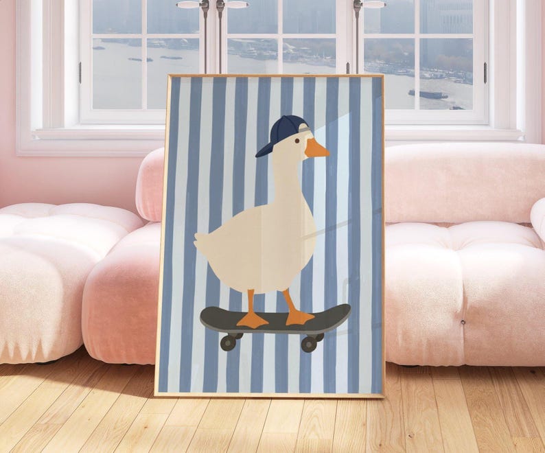 A flat illustration of a white goose wearing a navy blue cap standing on a grey skateboard against a bold blue and cream vertical striped textured background. Clean flat shapes in white, navy blue and orange with a retro graphic quality throughout.