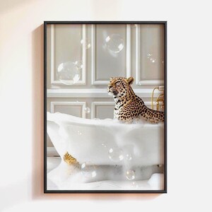 Leopard in Bathtub Bathroom Poster Print: Funny Bathroom Wall Art, Jungle Animal Bath Poster, Modern Maximalist Cheetah Wall Art