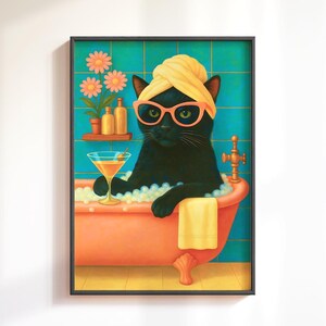 Decorazione da parete per bagno con gatto nero - Gatto divertente che beve Martini, decorazione da parete per spa retrò, decorazione da parete con gatto stravagante, poster da cocktail, regalo per amanti dei gatti