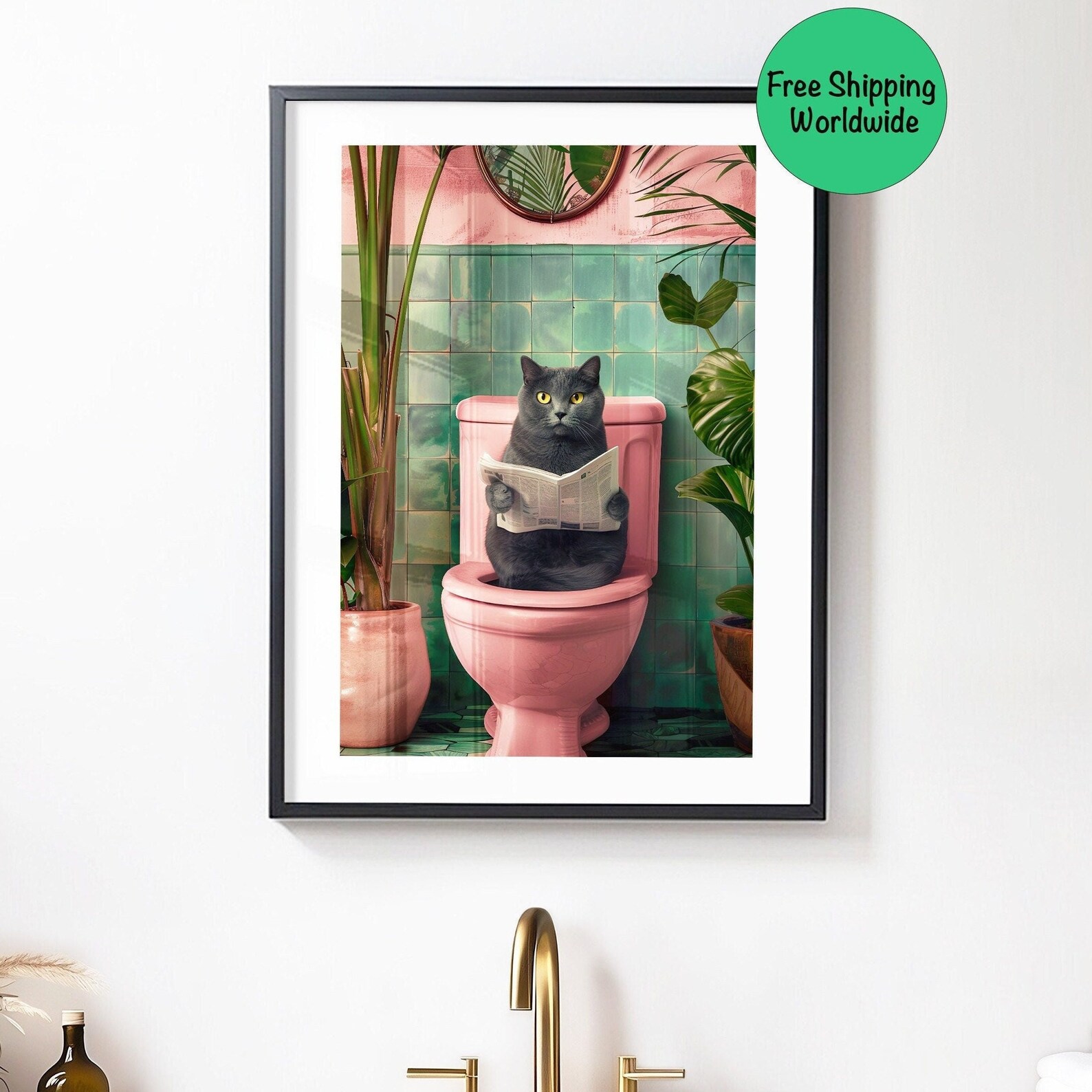 Grey Bathroom Cat Print on Toilet, Funny Bathroom Decor, Toilet Wall ...