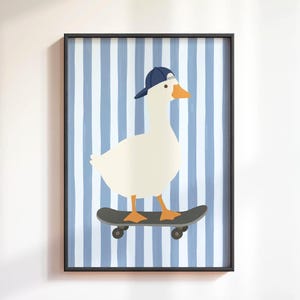A flat illustration of a white goose wearing a navy blue cap standing on a grey skateboard against a bold blue and cream vertical striped textured background. Clean flat shapes in white, navy blue and orange with a retro graphic quality throughout.
