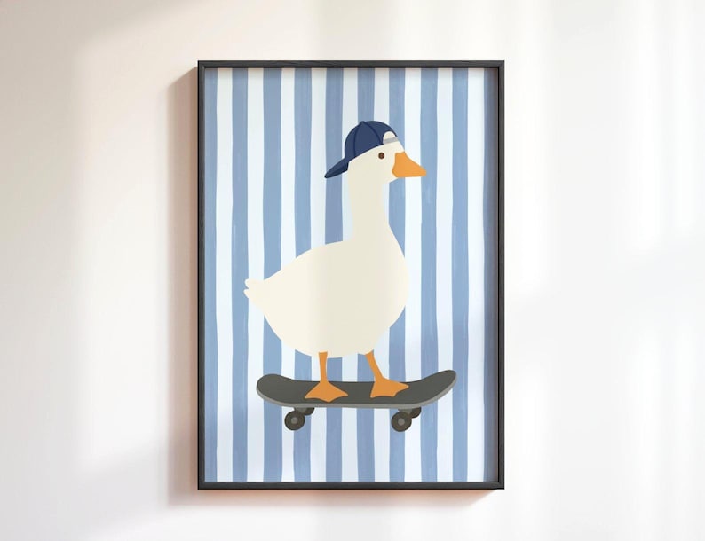 A flat illustration of a white goose wearing a navy blue cap standing on a grey skateboard against a bold blue and cream vertical striped textured background. Clean flat shapes in white, navy blue and orange with a retro graphic quality throughout.
