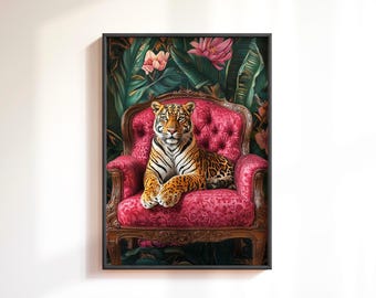 Vintage Tropical Tiger Print: Retro Tiger on Pink Sofa Wall Art, Eclectic Maximalist Decor, Jungle Animal Print, Tiger Lover Poster Gift