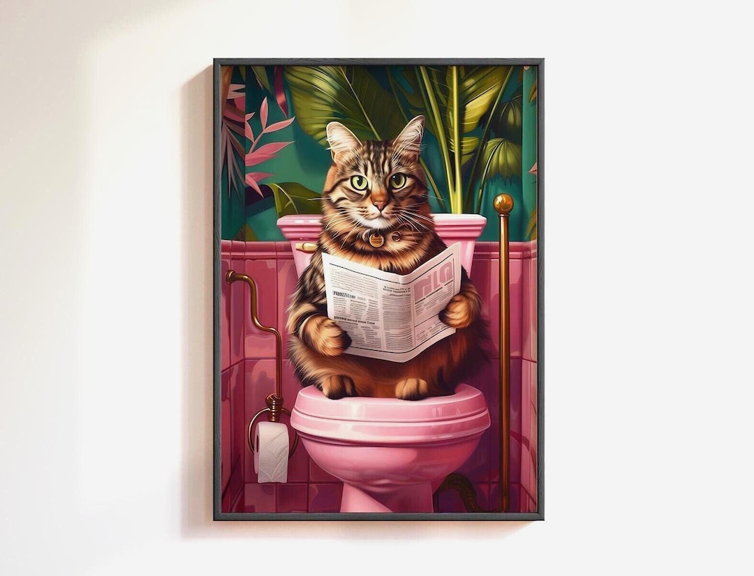 Funny Cat Pink Toilet Print: Tabby Cat Bathroom Wall Art, Cat Bathroom ...