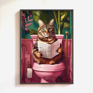 Cat Bathroom Print, Funny Tabby Cat Toilet Wall Art, Cat Reading Newspaper Print, Quirky Bathroom Decor, Cat Lover Gift, Physical Cat Print