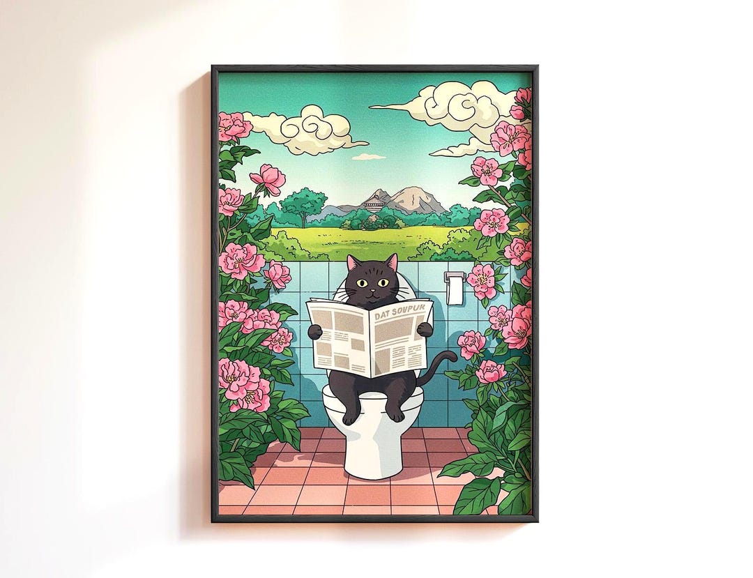Japanese Cat Toilet Bathroom Wall Art Print: Funny Japandi Bathroom ...