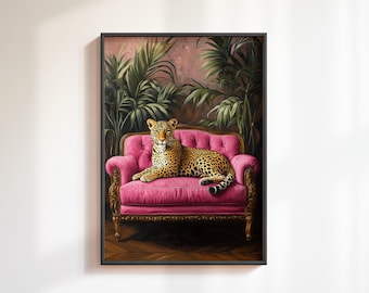 Plakat z różową kanapą w panterkę: Sztuka ścienna w stylu vintage z gepardem, retro nadruk z motywem dżungli, maksymalistyczna sztuka z lampartem, dekoracja z dopaminą