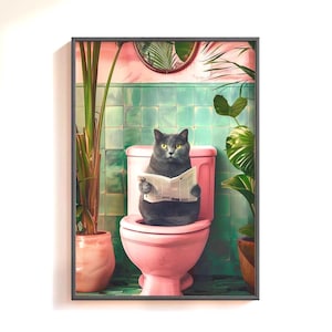 Impresión de gato gris divertido para baño, impresión de gato para baño moderno, pósteres divertidos para baño, póster de gato divertido, arte de pared divertido para decoración de baño y hogar.