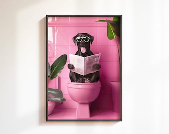 Funny Black Labrador Toilet Bathroom Print: Pink Toilet Bathroom Wall Art, Funny Quirky Dog Bathroom Decor, Labrador Lover Wall Art, Gift