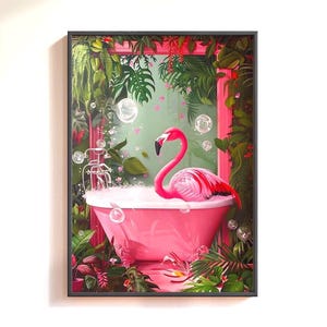 Impresión de flamenco rosa en la bañera, arte divertido para la pared del baño, arte de pared de flamenco rosa, animal en la bañera, arte de pared maximalista, póster de flamenco
