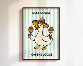 Funny Nursery Striped Silly Goose Print, Sage Green Nursery Wall Art, Vintage Kids Room Wall Decor, Goose Theme Nursery
