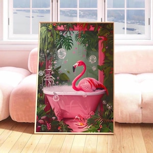 Flamingo in Bathtub Print, Bathroom Wall Art, Pink Flamingo Print, Funny Flamingo Poster, Maximalist Wall Art, Dopamine Decor, Pink Poster