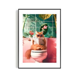Lustig orange Katze auf Toilette Badezimmer Poster - Katzen Poster mit Sonnenbrille, Tropisches Pink Kunst, Toiletten Poster, Badezimmer Wandkunst für Katzenliebhaber