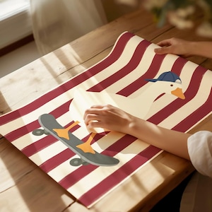 A flat illustration of a white goose wearing a navy blue cap standing on a grey skateboard against a bold red and cream vertical striped textured background. Clean flat shapes in white, navy blue, orange and deep red with a retro graphic quality throughout.