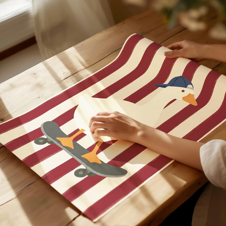 A flat illustration of a white goose wearing a navy blue cap standing on a grey skateboard against a bold red and cream vertical striped textured background. Clean flat shapes in white, navy blue, orange and deep red with a retro graphic quality throughout.