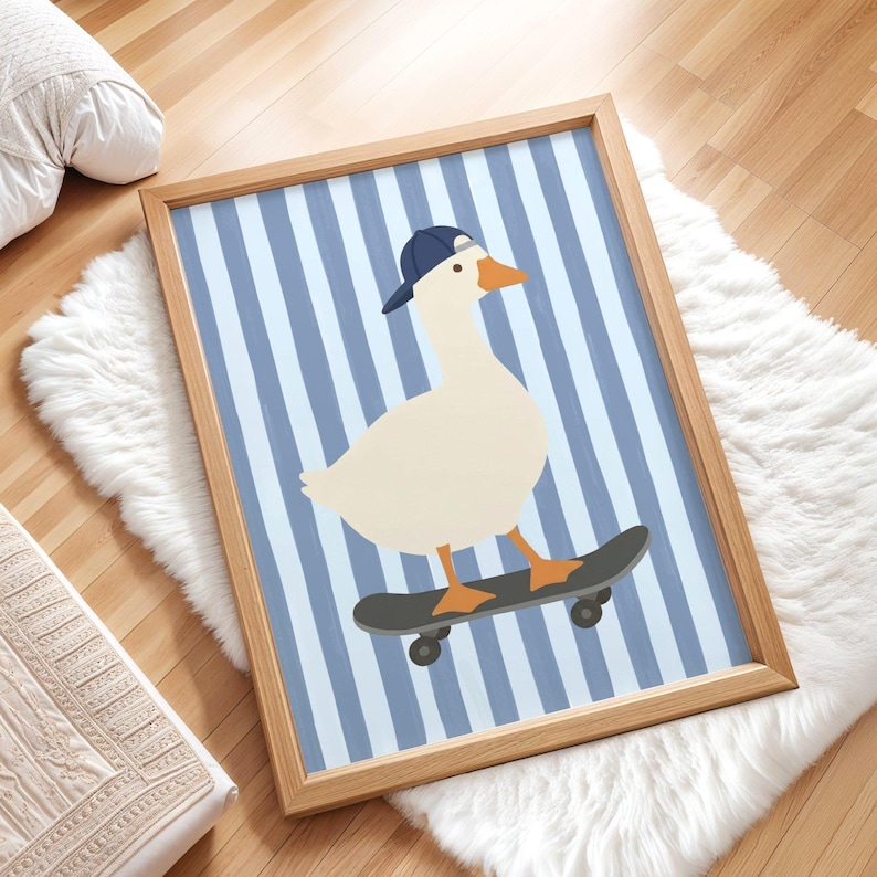 A flat illustration of a white goose wearing a navy blue cap standing on a grey skateboard against a bold blue and cream vertical striped textured background. Clean flat shapes in white, navy blue and orange with a retro graphic quality throughout.