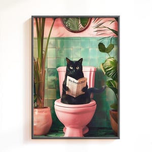 Impresión de gato leyendo en el inodoro, arte de pared para baño, decoración divertida para baño, arte de pared para inodoro, póster divertido de gato, impresiones para baño, póster para inodoro