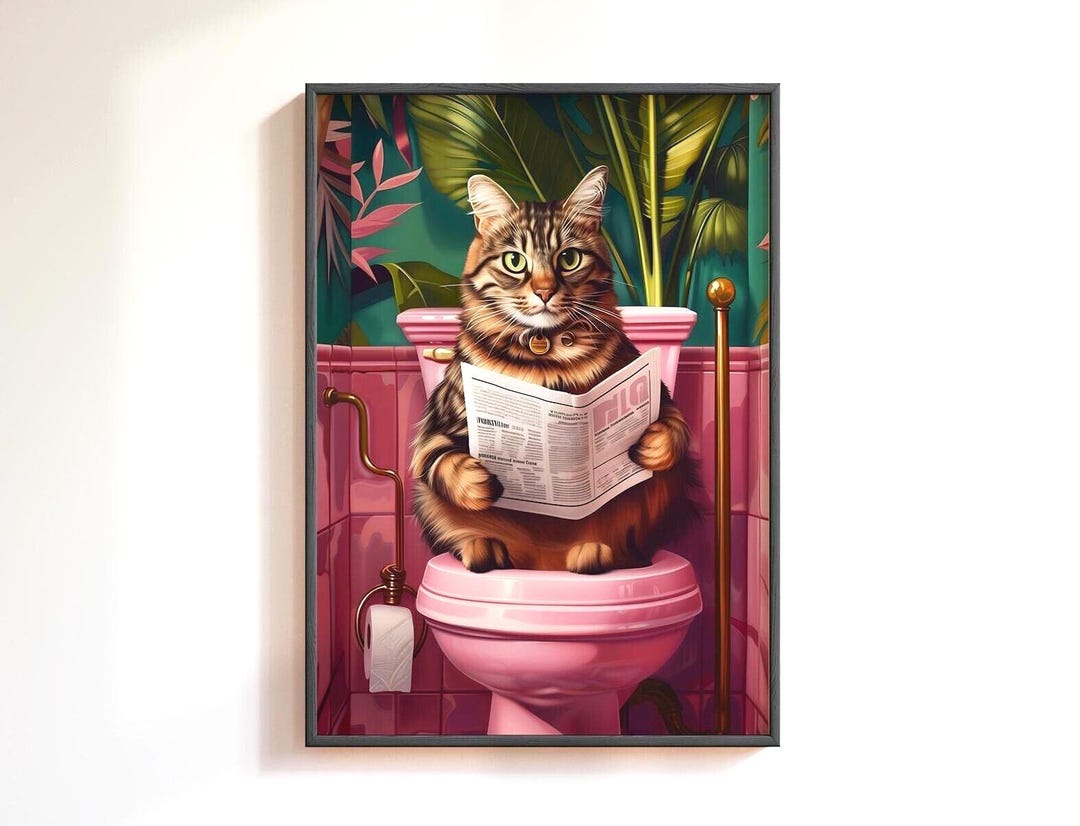 Tabby Cat on Toilet Print – Funny Bathroom Wall Art, Domestic Shorthair ...