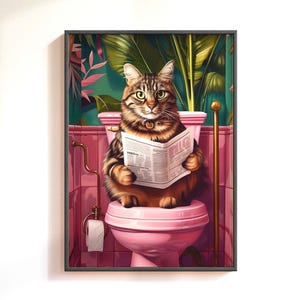Getigerte Katze auf Toilette - Poster, lustiges Badezimmer Wandbild, Kurzhaar Katze Poster, lustiges Toilettengeschenk für Katzenliebhaber