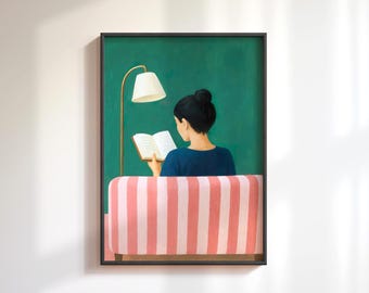 Woman Reading Book Wall Art Print: Striped Pink Woman Poster, Cozy Retro Library Living Room Dom Wall Art, Book Lover Wall Decor Gift