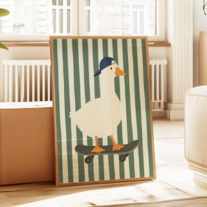 A flat illustration of a white goose wearing a navy blue cap standing on a grey skateboard against a bold sage green and cream vertical striped textured background. Clean flat shapes in white, navy blue, orange and deep green with a retro graphic quality throughout.