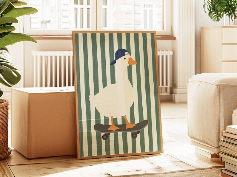 A flat illustration of a white goose wearing a navy blue cap standing on a grey skateboard against a bold sage green and cream vertical striped textured background. Clean flat shapes in white, navy blue, orange and deep green with a retro graphic quality throughout.
