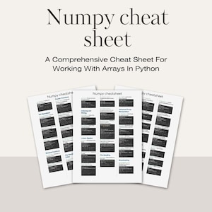 Op de afbeelding: Een zwart-witte cheat sheet met de titel "Numpy cheat sheet" en de tekst "A Comprehensive Cheat Sheet For Working With Arrays In Python". De cheat sheet is onderverdeeld in secties zoals "Basic Operations", "Indexing and Slicing", "Advanced Array Manipulation", "Linear Algebra", "Window Functions", "File Handling" en "Broadcasting".