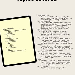 Puede incluir: Una tableta mostrando una tabla de contenido para un libro de programaci&oacute;n en Python. Los temas cubiertos incluyen introducci&oacute;n, conceptos b&aacute;sicos, matem&aacute;ticas en Python, declaraciones condicionales, bucles, funciones, listas y conclusi&oacute;n.