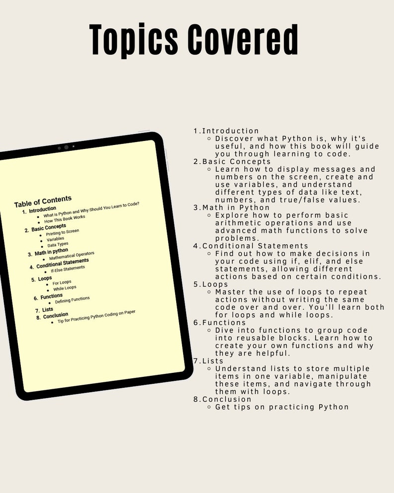 Puede incluir: Una tableta mostrando una tabla de contenido para un libro de programaci&oacute;n en Python. Los temas cubiertos incluyen introducci&oacute;n, conceptos b&aacute;sicos, matem&aacute;ticas en Python, declaraciones condicionales, bucles, funciones, listas y conclusi&oacute;n.