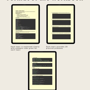 Puede incluir: Un libro de trabajo con una cubierta amarilla y un t&iacute;tulo negro que dice "Formato del libro de trabajo". El libro de trabajo incluye cap&iacute;tulos sobre matem&aacute;ticas en Python, horarios familiares y algoritmos b&aacute;sicos. Cada cap&iacute;tulo incluye c&oacute;digo de ejemplo y problemas de pr&aacute;ctica. Las soluciones para cada problema se proporcionan al final del libro de trabajo.