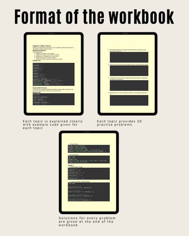 Puede incluir: Un libro de trabajo con una cubierta amarilla y un t&iacute;tulo negro que dice "Formato del libro de trabajo". El libro de trabajo incluye cap&iacute;tulos sobre matem&aacute;ticas en Python, horarios familiares y algoritmos b&aacute;sicos. Cada cap&iacute;tulo incluye c&oacute;digo de ejemplo y problemas de pr&aacute;ctica. Las soluciones para cada problema se proporcionan al final del libro de trabajo.