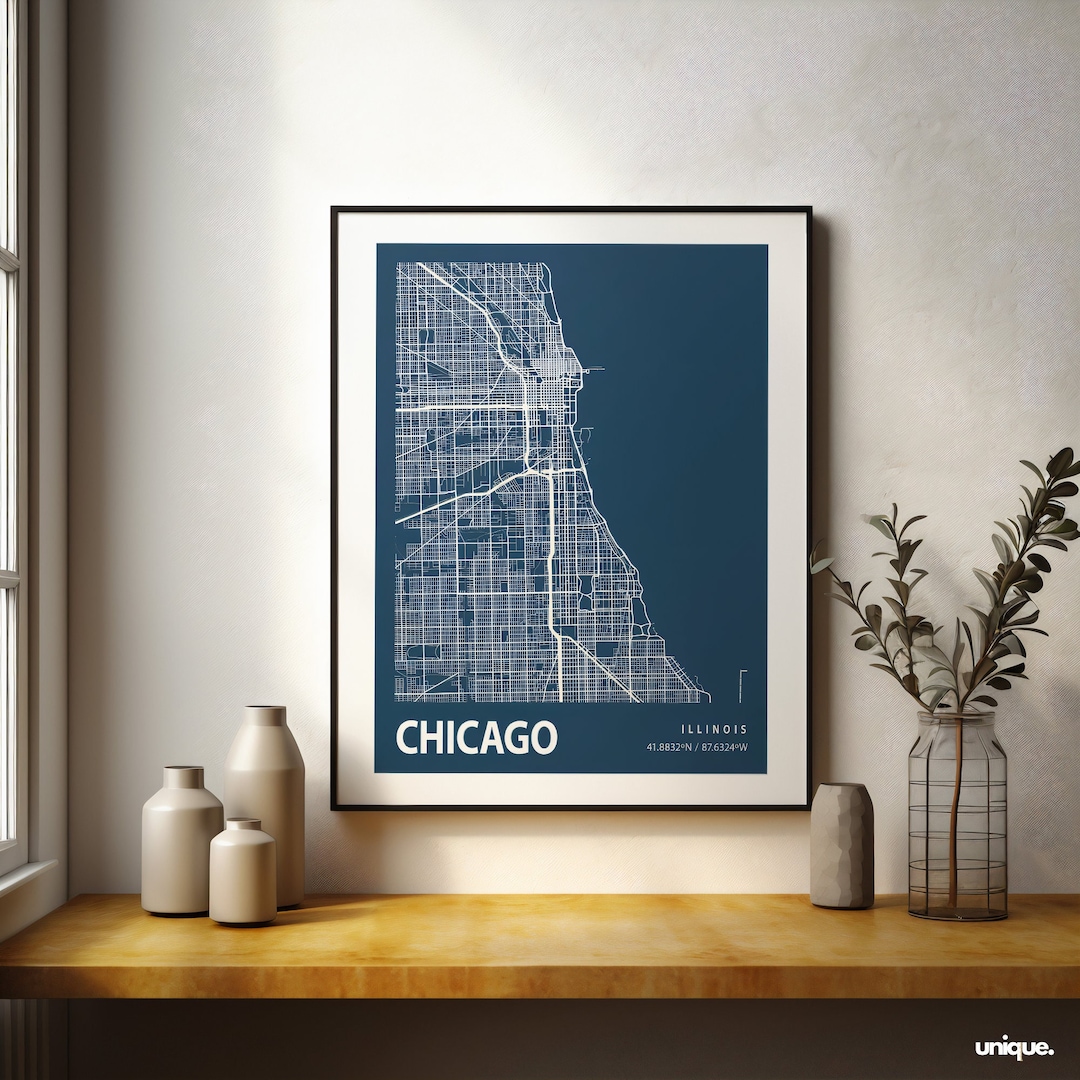 Printable Chicago Neighborhood Map Wall Art , Blue and White Chicago ...