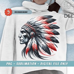 Könnte beinhalten: Eine digitale Illustration eines amerikanischen Ureinwohners, der ein Kopfschmuck mit roten und weißen Federn trägt. Das Bild ist in Profilansicht und der Mann blickt nach rechts. Der Hintergrund ist weiß.