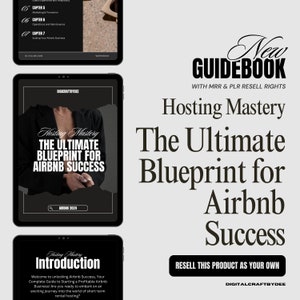 May include: A digital guidebook cover with a black and white image of a woman wearing a necklace and holding a phone. The text on the cover reads "Hosting Mastery The Ultimate Blueprint for Airbnb Success". The text "New Guidebook" is in a decorative font and the text "RESELL THIS PRODUCT AS YOUR OWN" is in a white rectangle with a black border.