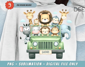 Tropical Jungle Safari Animals Car PNG, Kids Sublimation, Baby Shower Invite Clipart, Jungle Birthday Decor, Baby Animals Cake Topper