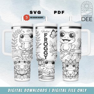 May include: A set of three black and white sublimation designs featuring frogs on a white background. The designs include a frog sitting on a branch, a frog meditating on a lotus flower, and a frog with the text "Feelin' Froggy".