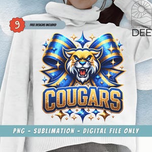 Cougars School Team Mascot Bow Shirt PNG, Royal Blue Team Football, Cheer, School Spirit, Game Day, Sport Mom Shirt Sublimation Design Png