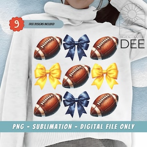 Coquette Football PNG, Football Mom Png, Sport PNG, School Colors Png, Blue & Gold Bow Png Footballs and Bows School Trendy Shirt Design
