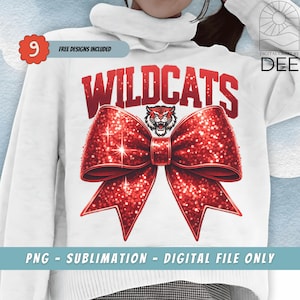 Wildcats School Team Mascot Bow Shirt PNG, Red Team Football, Cheer, School Spirit, Game Day, Sport Mom Shirt Sublimation Design PNG ONLY