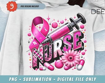 Pink Nurse Breast Cancer PNG Sublimation Design, Breast Cancer Awareness png,Pink Cancer Ribbon Png,October Awareness Month,Digital Download