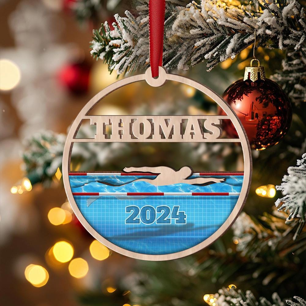 Personalized Swimming Layered Wood Ornament, Custom Swimmer Gift Christmas Tree Ornament, Sport Christmas Home Decor, Xmas Gift for Him