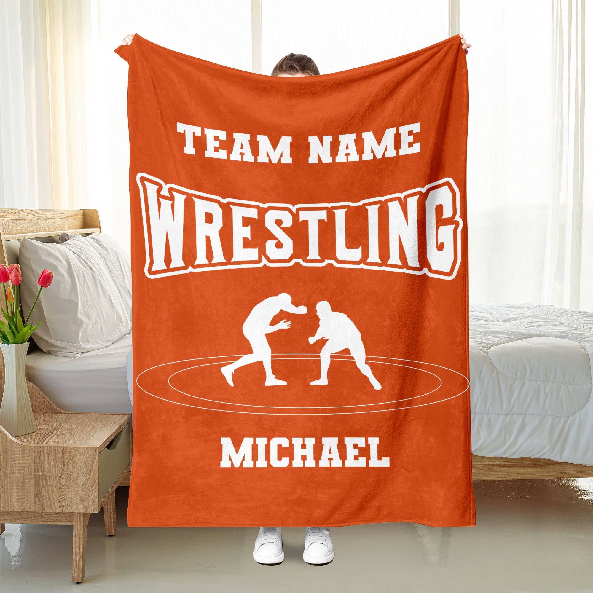 Personalized Wrestling Blanket with Custom Team Name - Soft, Cozy Sherpa Fleece Throw - Unique Gift for Wrestlers, Dads, Husbands, Sons