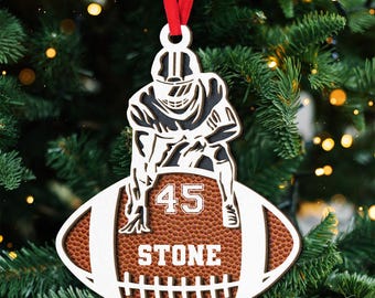 Personalized Football Player Ornament, Custom Name Number 2 Layered Wooden Football Player Chirstmas Ornament, Football Christmas Decoration