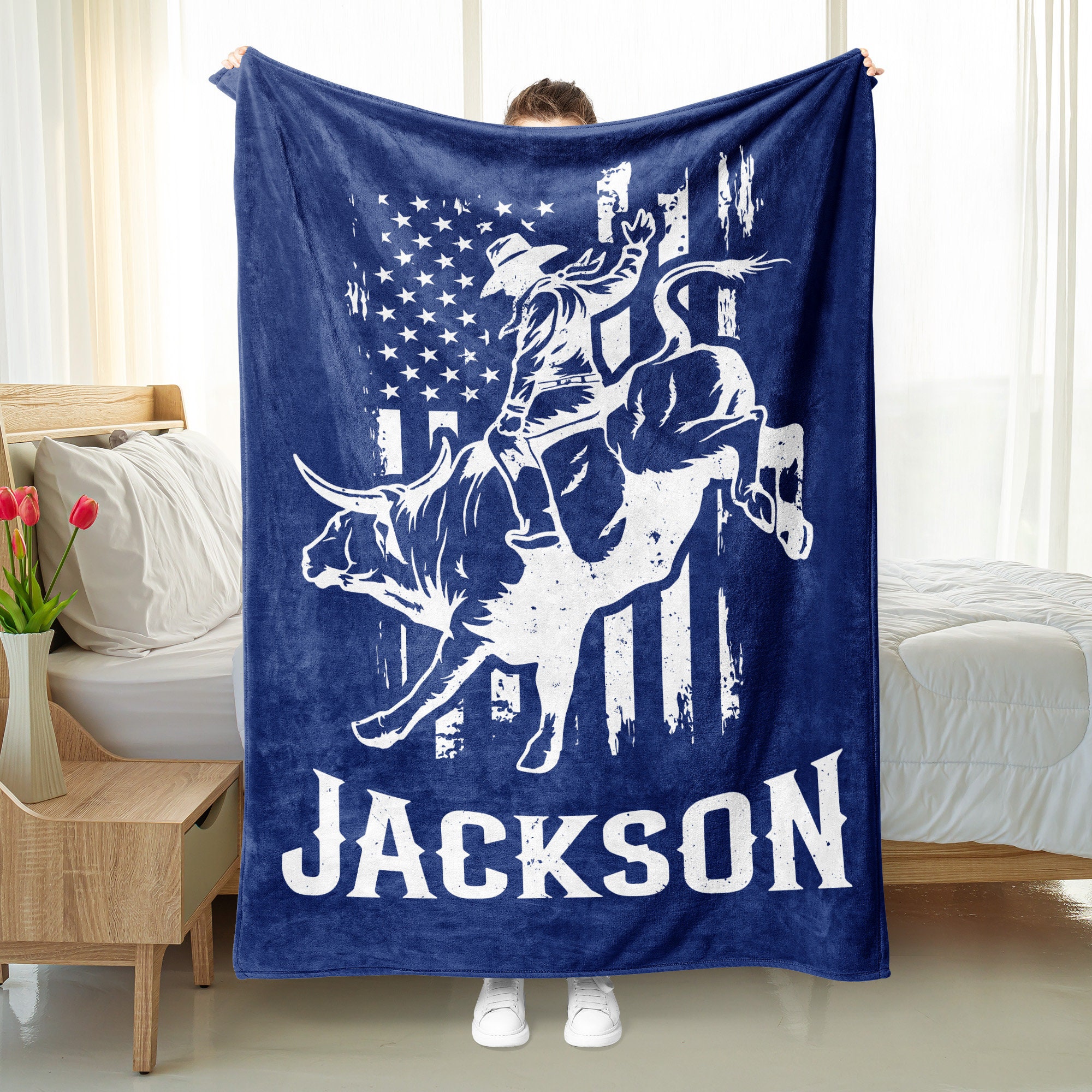 Personalized Rodeo Rider Blanket - Custom Name Bull Rider Fleece Sherpa Blanket - Rodeo Sport Gift - Rider Gift - Cowboy Gift - Gift For Him